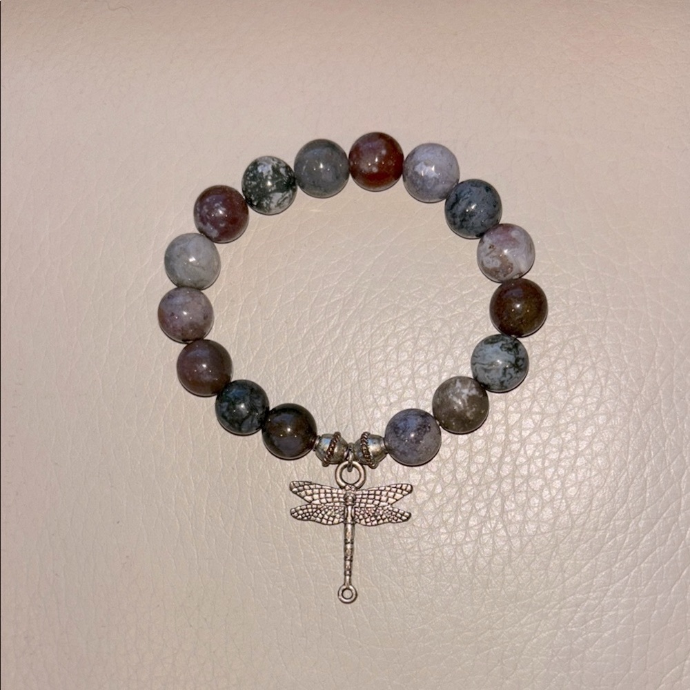 Dragonfly Charm Agate Beaded Bracelet